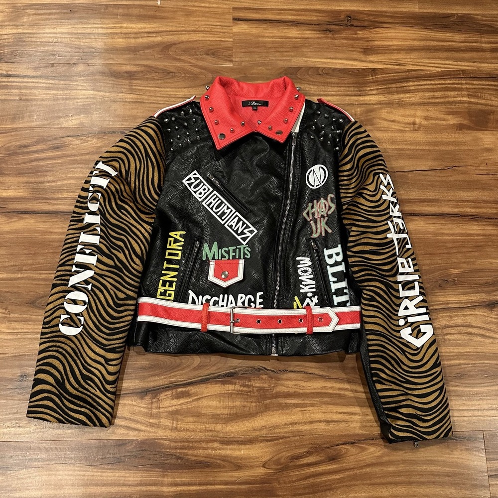 For Her NYC Jacket Womens XL Multicolor Faux Leather Studded Punk Biker Leopard